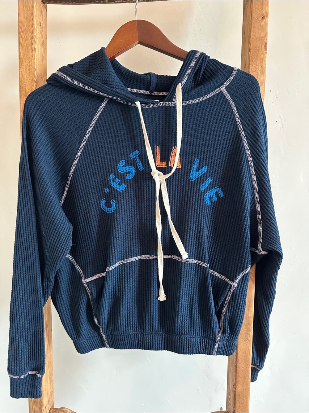 Sundry Navy Waffle-Knit Hoodie with Colorful Embroidery
